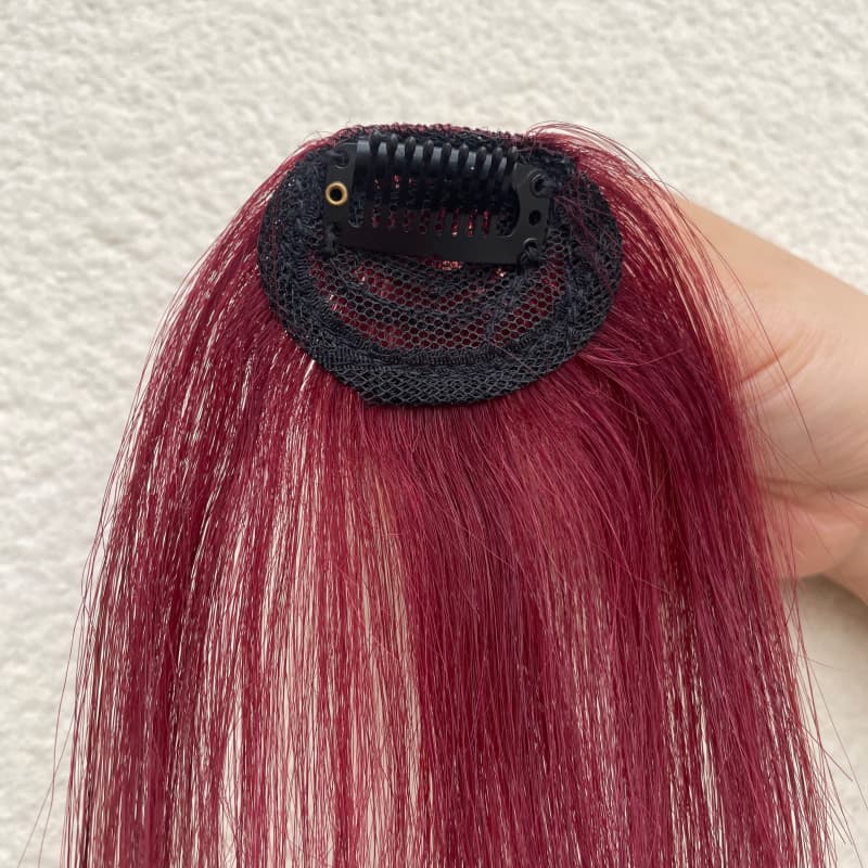 #99J burgundy fringe hairpiece compact mesh base and single clip detail