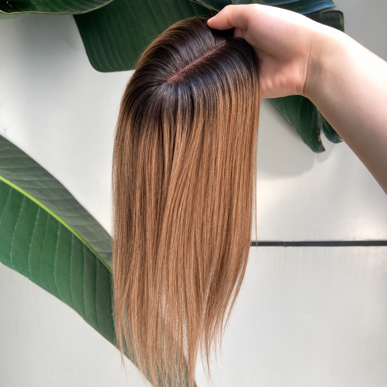 Brown ombre human hair topper with dark roots, 35 cm hair and hand-tied lace part