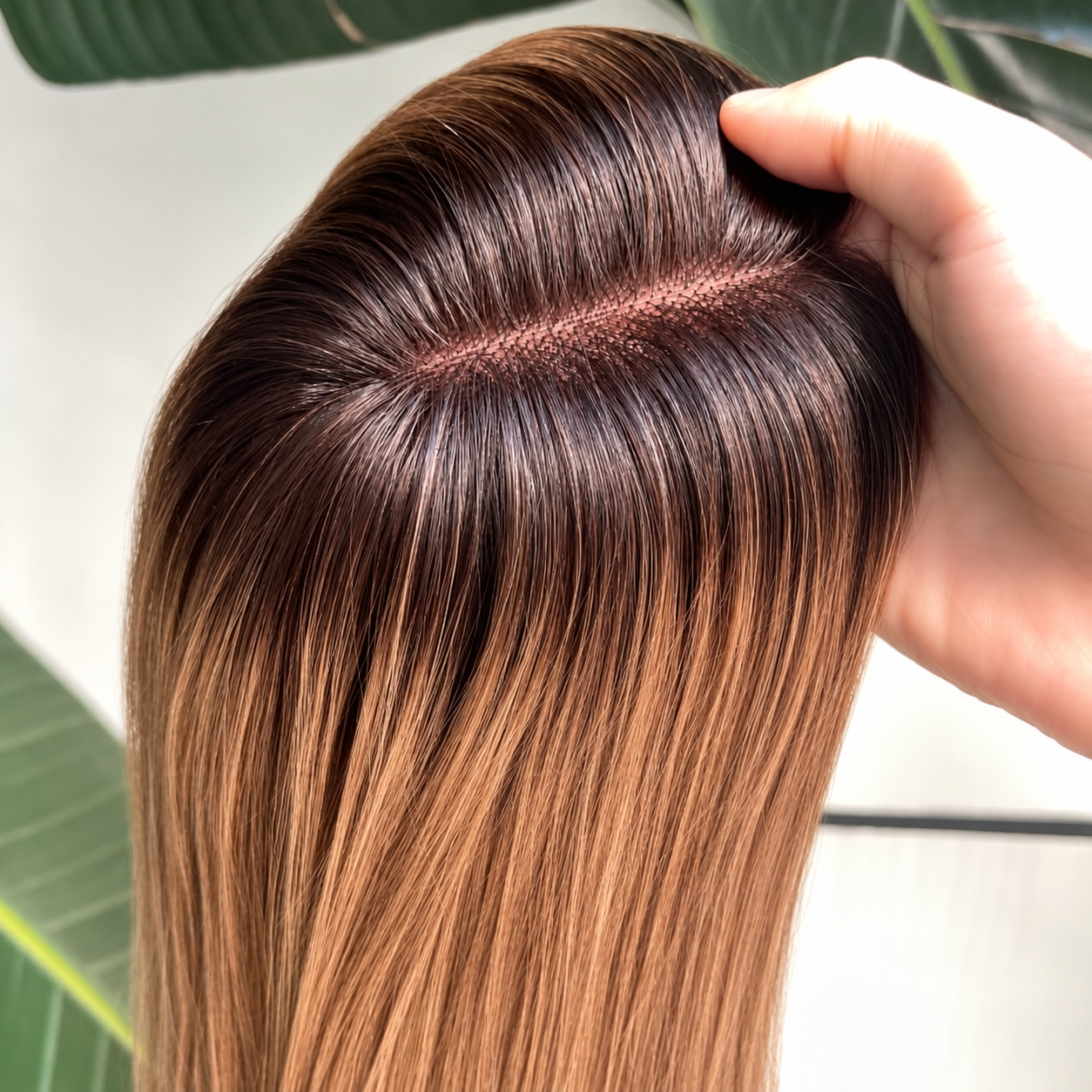 Brown ombre human hair topper with dark roots, 35 cm hair and hand-tied lace part