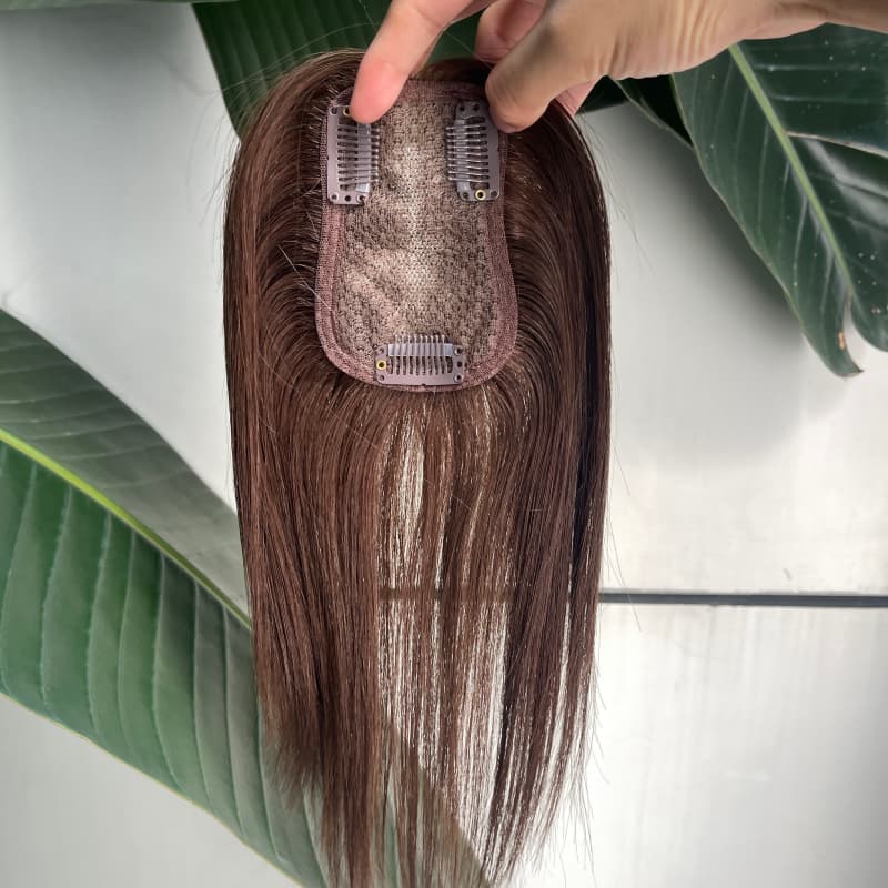 Brown ombre human hair topper 7 by 11 cm base with central hand-tied lace and three clips