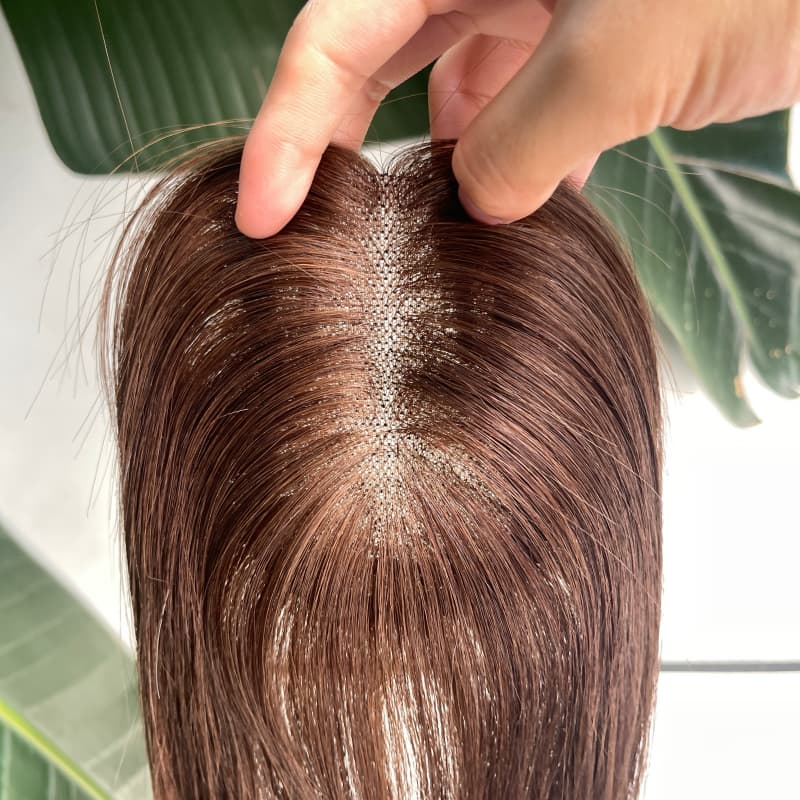Brown ombre clip-in human hair lace topper, 25 cm hair for crown coverage