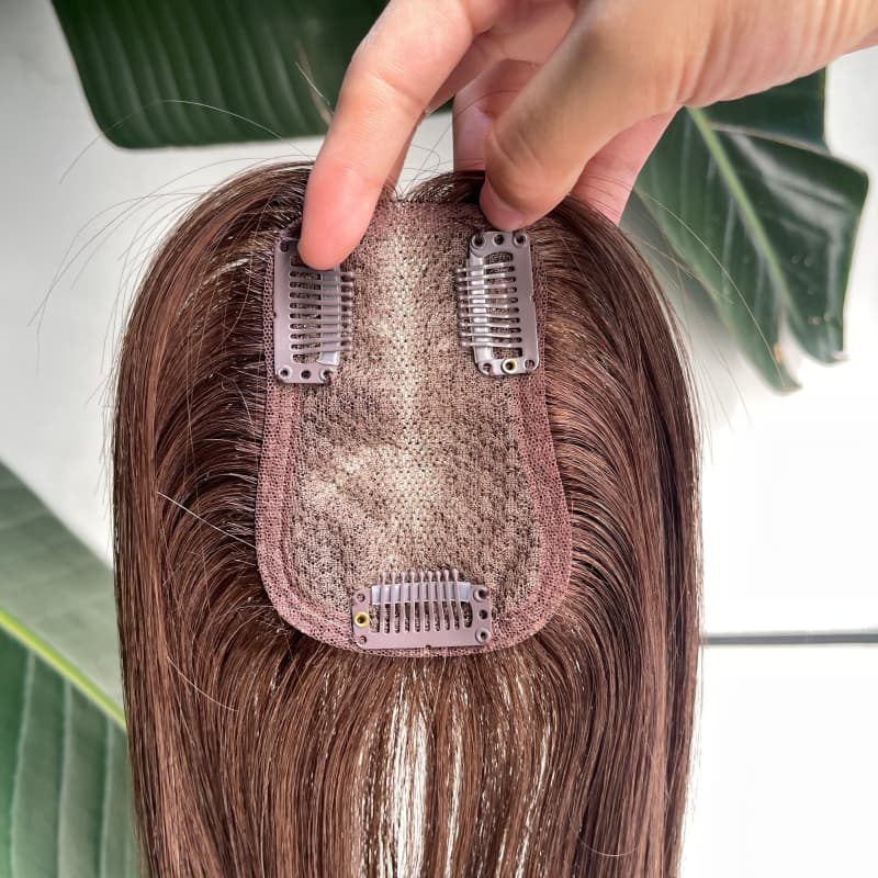 Brown ombre human hair topper 7 by 11 cm base with central hand-tied lace and three clips
