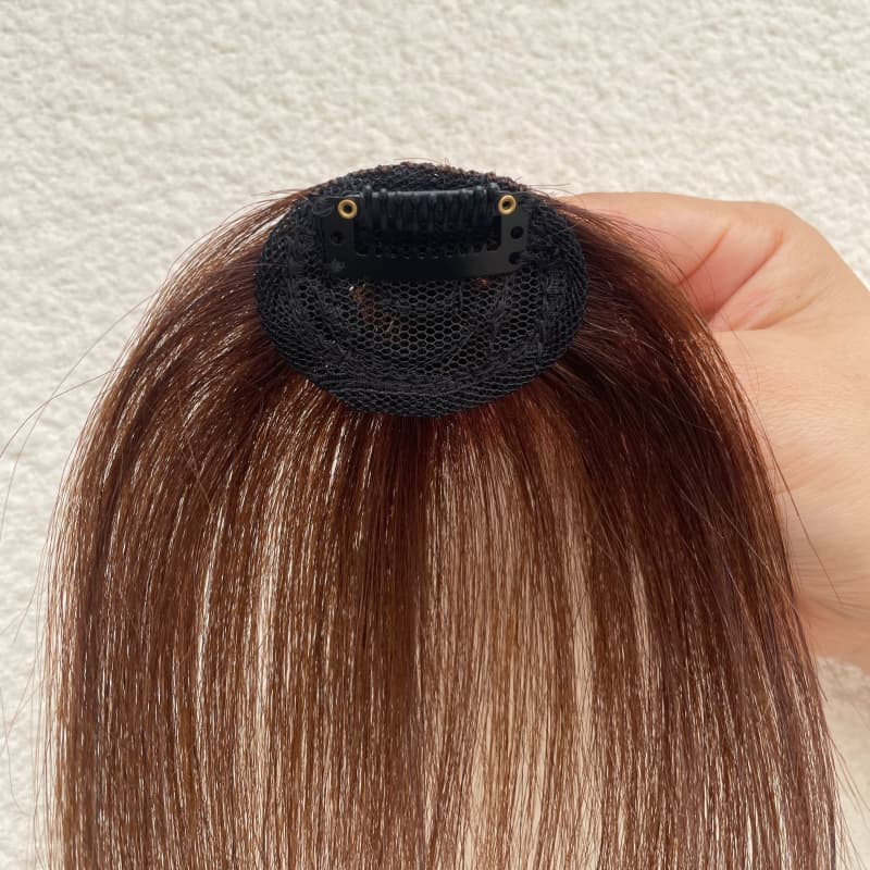 Dark brown fringe hairpiece compact mesh base and single clip detail