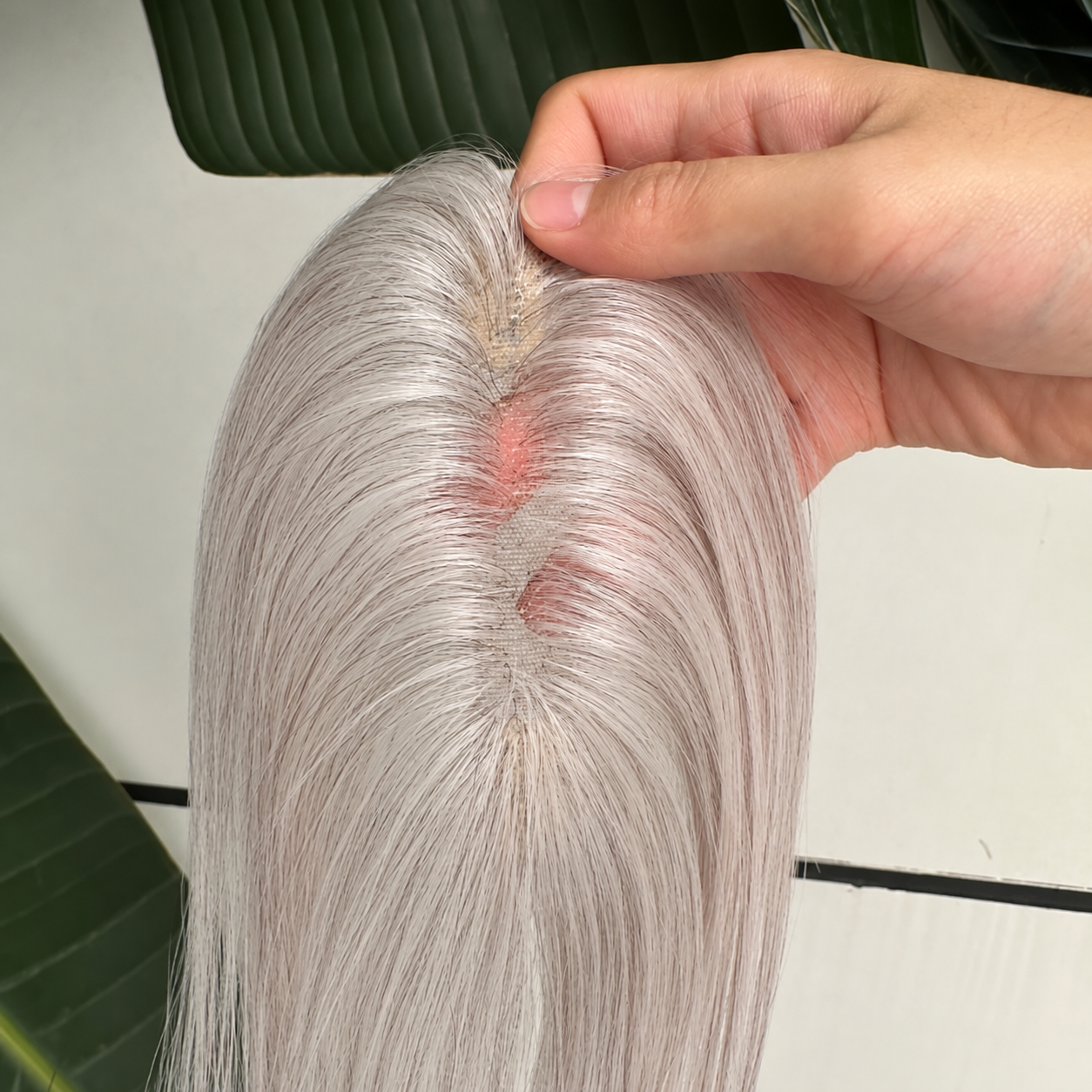 Gray low-density human hair lace topper, 25 cm length