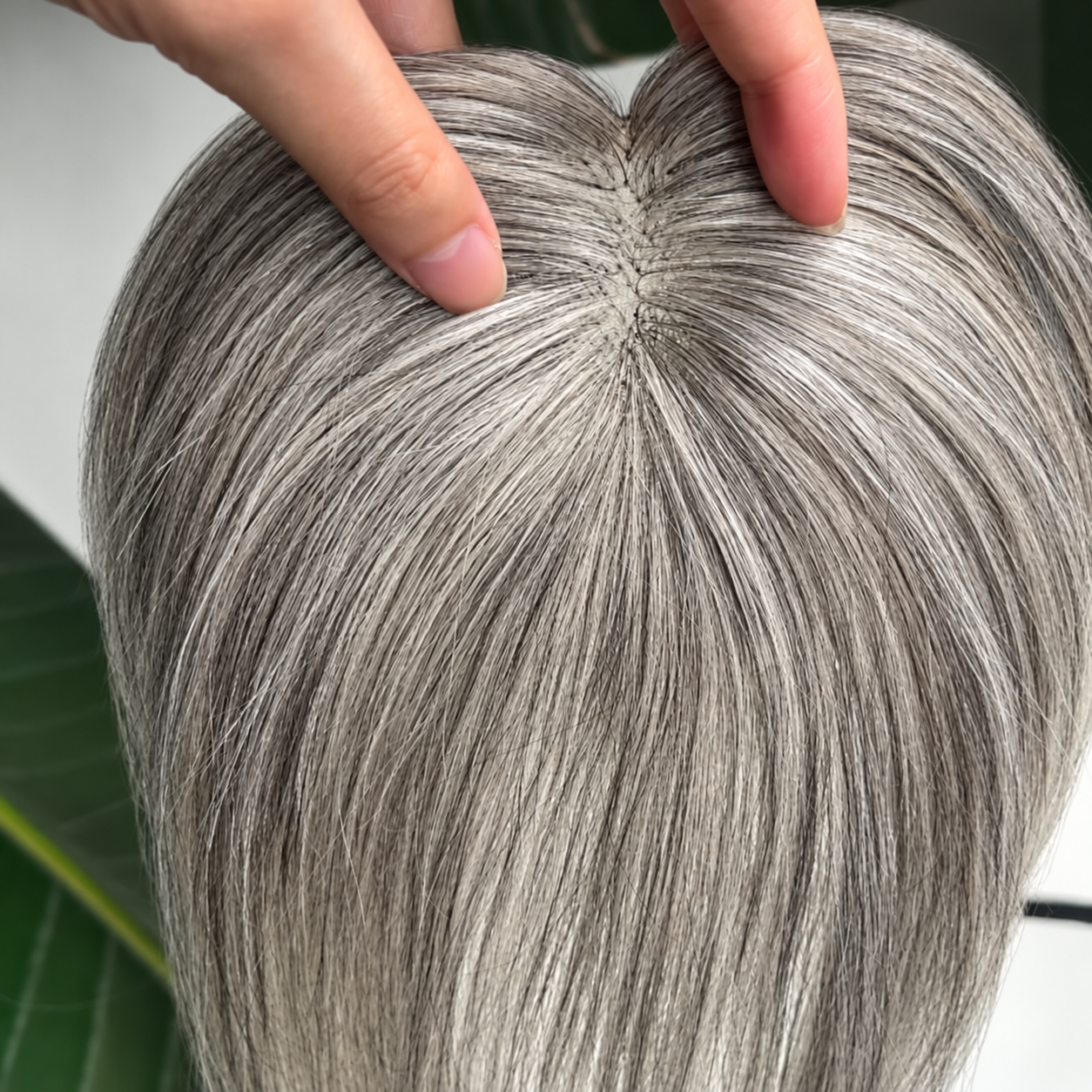 Gray human hair lace topper, 25 cm, natural crown and parting coverage