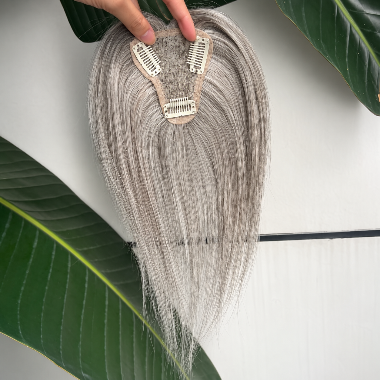 Gray human hair topper 7 by 9 cm hand-tied lace base with three clips