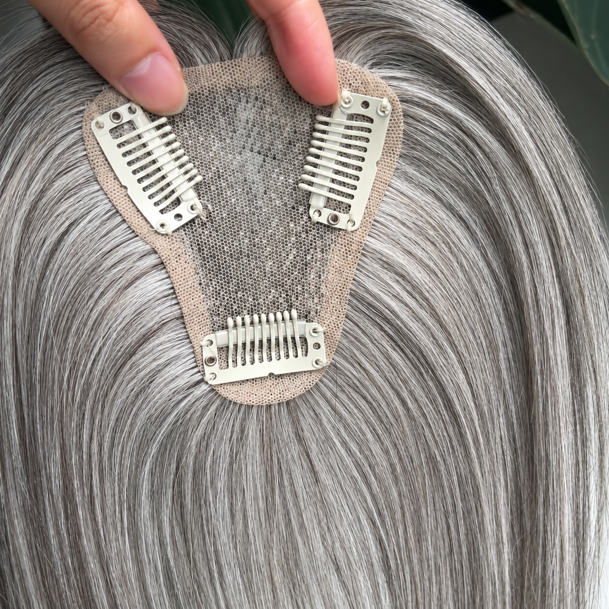 Gray human hair topper 7 by 9 cm hand-tied lace base with three clips