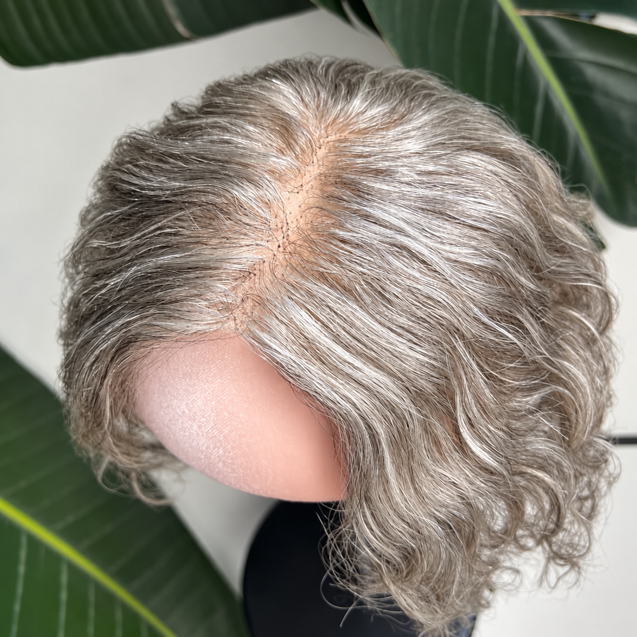 Gray curly human hair lace topper, 25 cm, crown and parting coverage