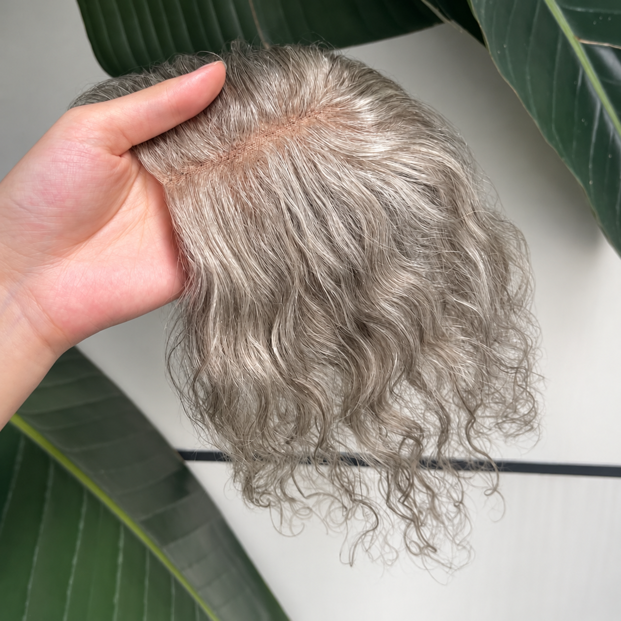 Gray curly human hair lace topper, 25 cm, crown and parting coverage