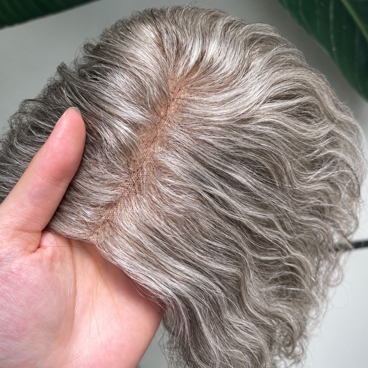 Gray curly human hair lace topper, 25 cm, crown and parting coverage