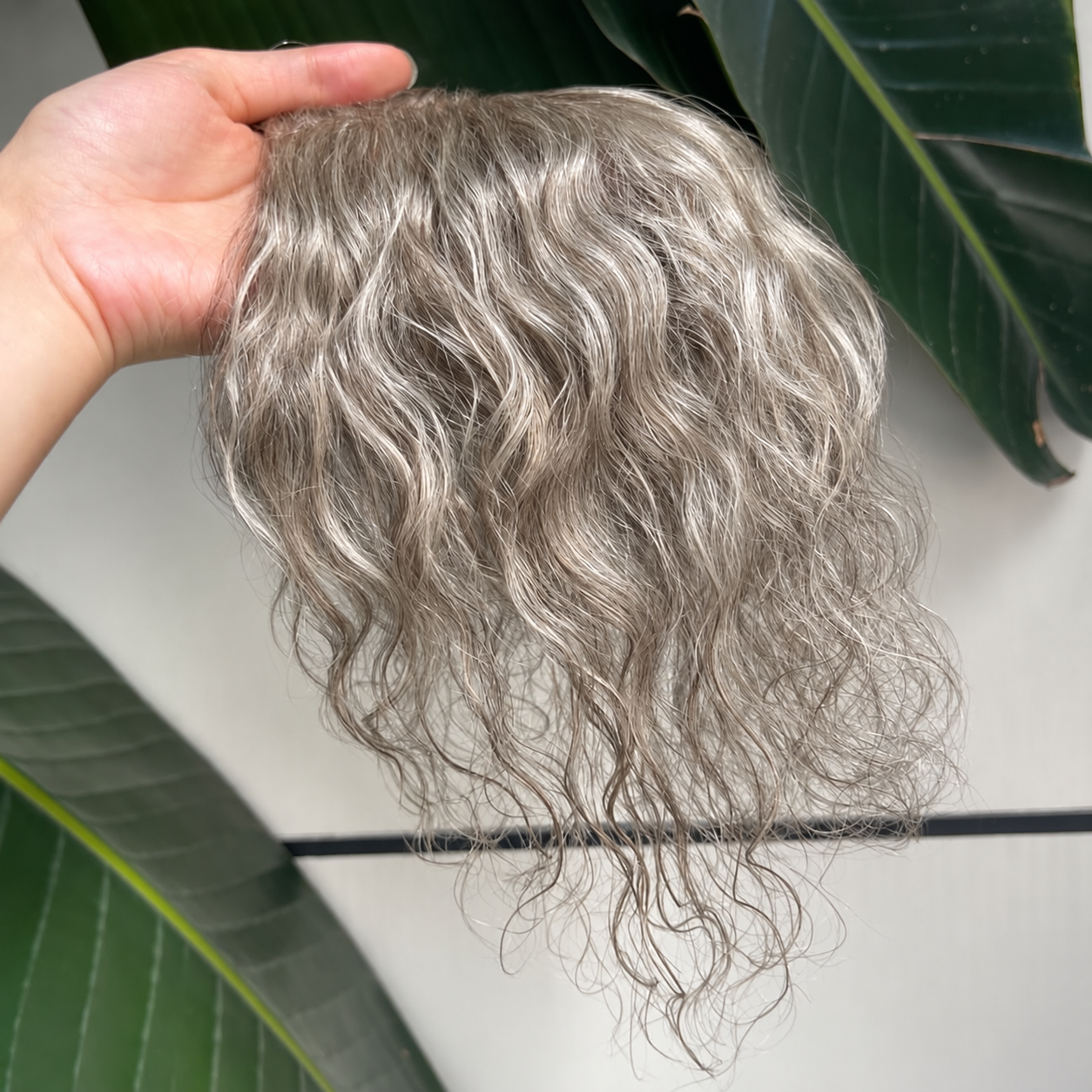 Gray curly human hair lace topper, 25 cm, crown and parting coverage