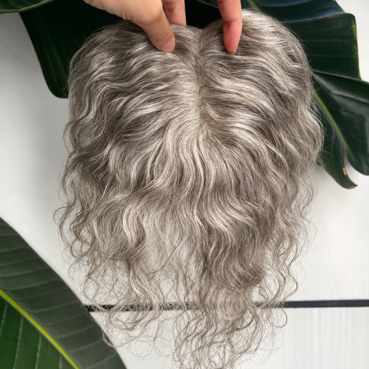 Gray curly human hair lace topper, 25 cm, crown and parting coverage