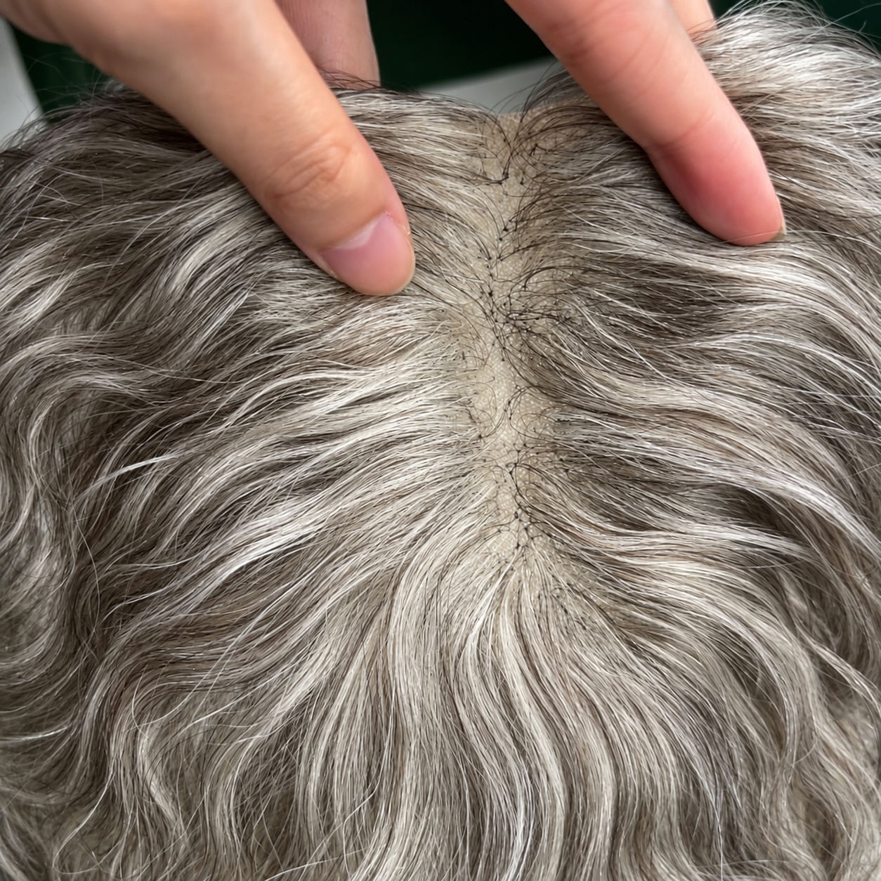 Gray curly human hair lace topper, 25 cm, crown and parting coverage