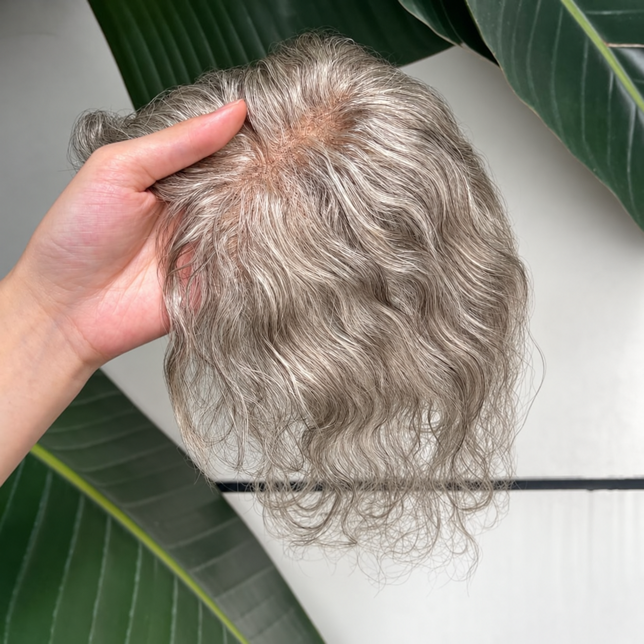 Gray curly human hair lace topper, 25 cm, crown and parting coverage