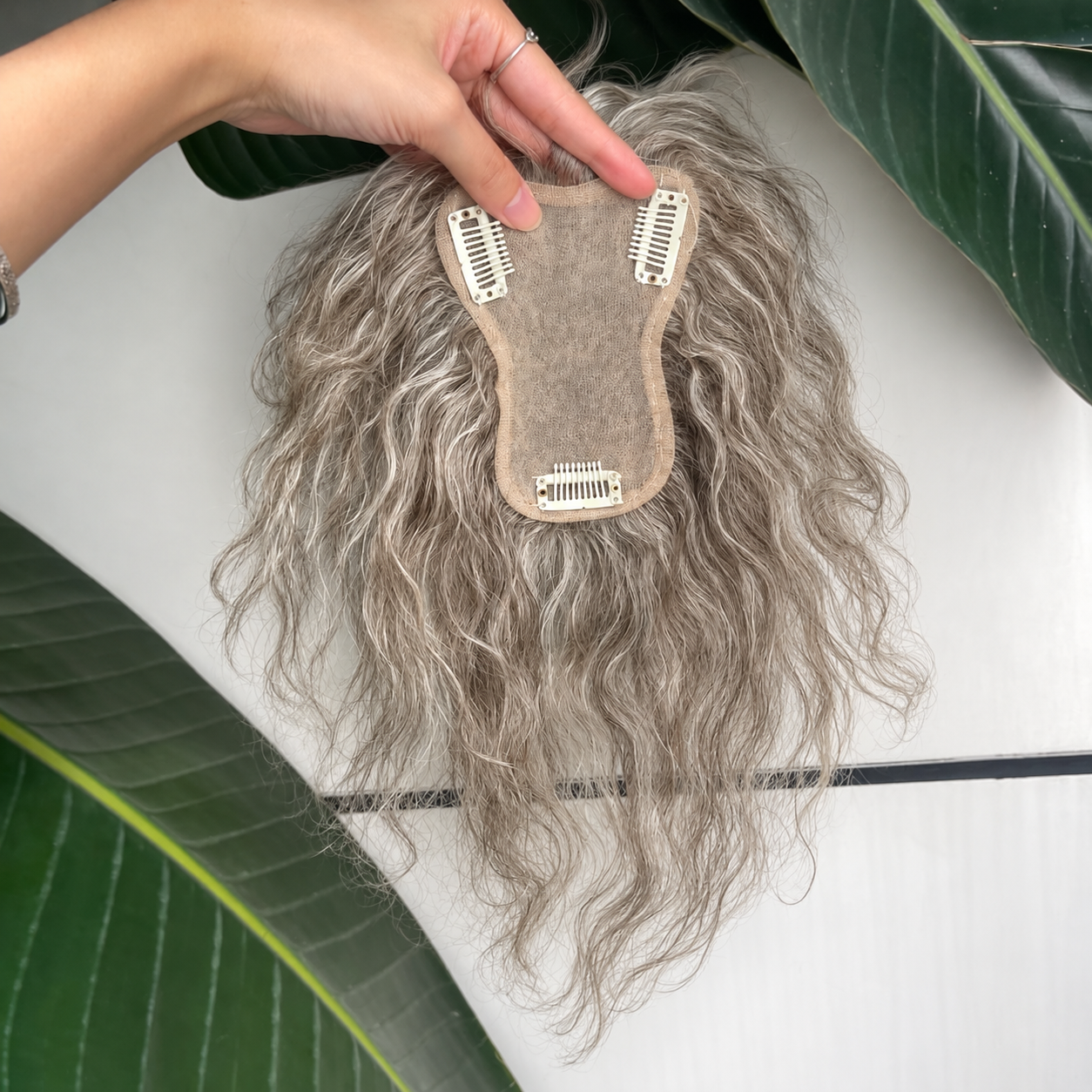 Gray curly human hair topper 9 by 12 cm hand-tied lace base with three clips