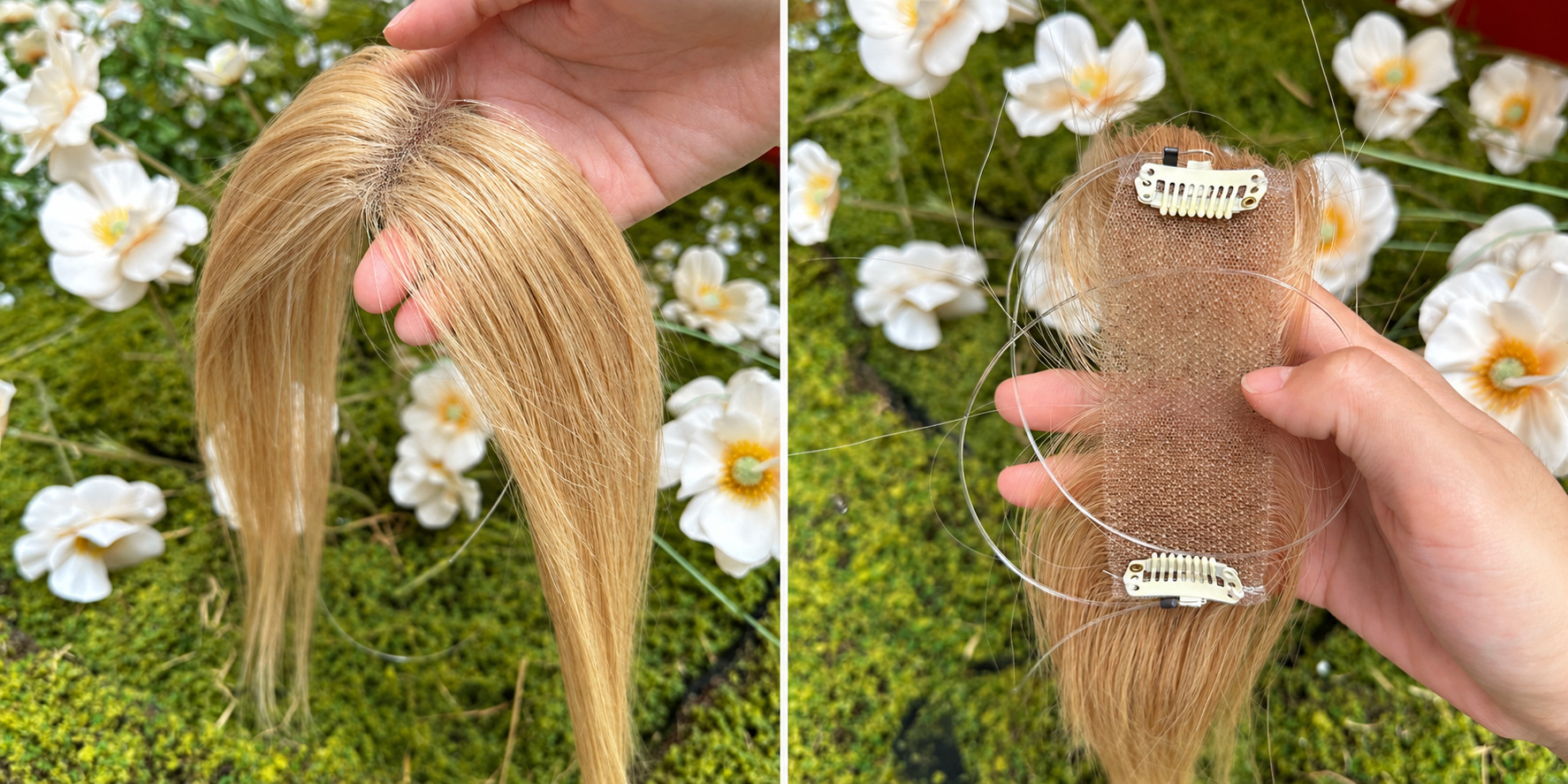 Blonde halo wire hairpiece front view and lace underside with clips and transparent halo wire