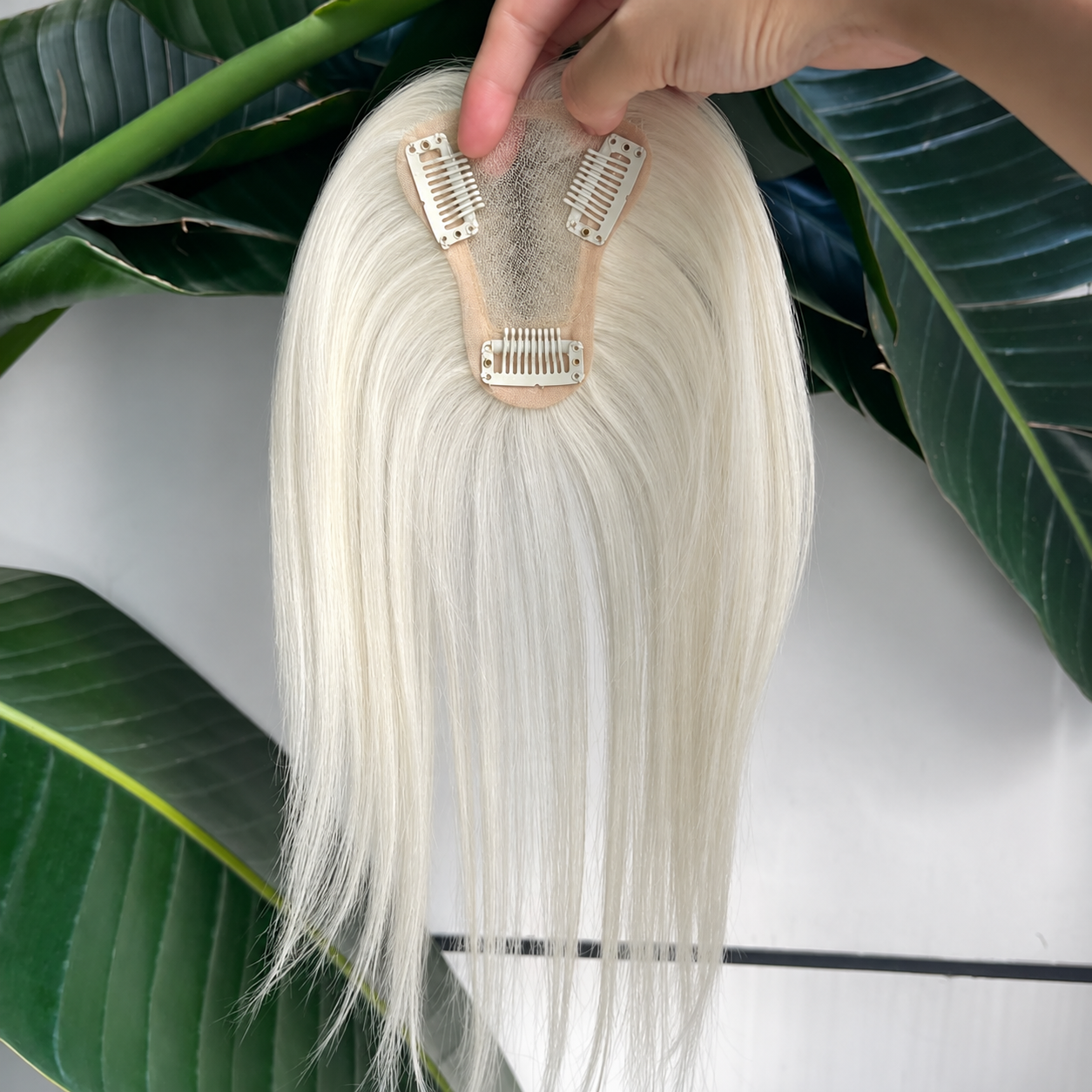 White human hair topper 7 by 9 cm hand-tied lace base and three clips