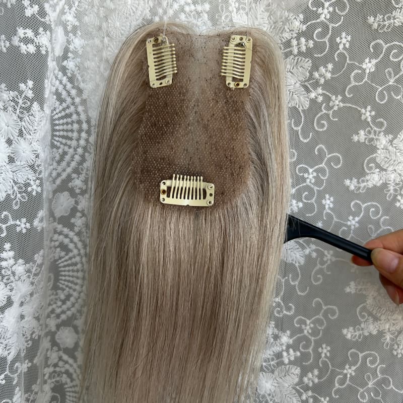 Ultra-thin lace human hair topper, 7x11 cm base, color ash gray, product photo 4