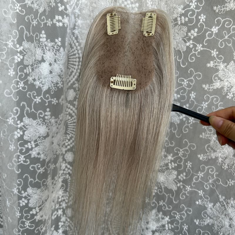 Ultra-thin lace human hair topper, 7x11 cm base, color ash gray, product photo 6