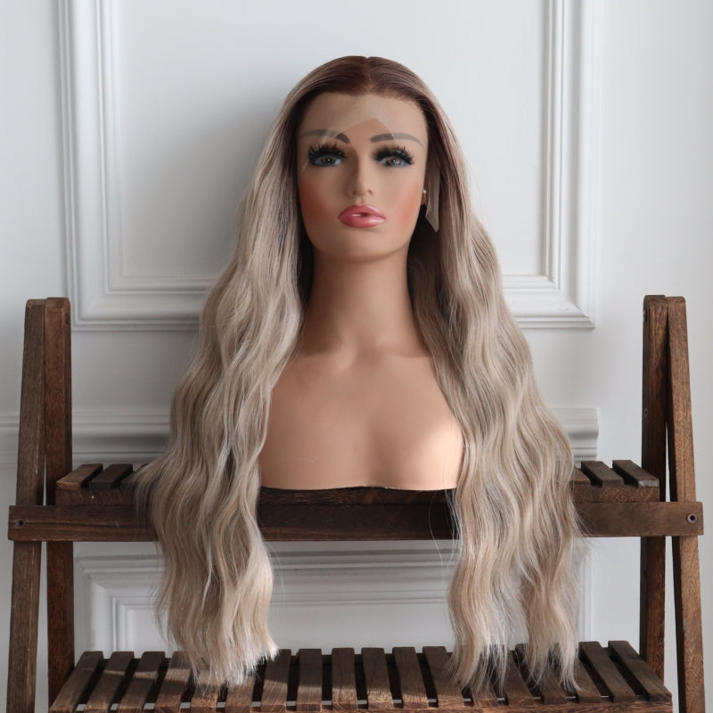 Juno-Brown Root and Beige Ombre Wavy Synthetic 13x4 Lace Front Wig